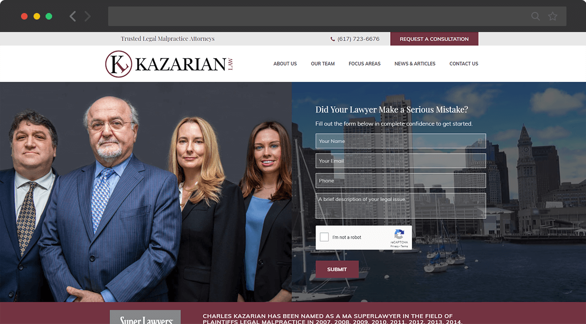 new website homepage screenshot for Kazarian Law