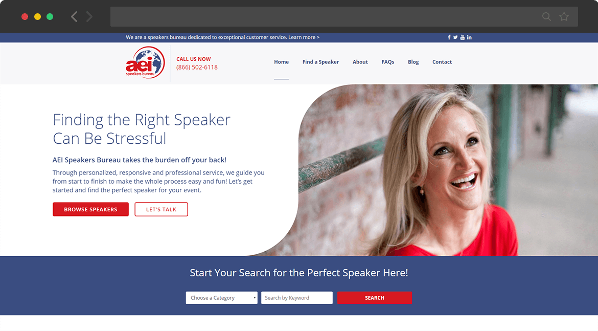 new website homepage screenshot for AEI Speakers