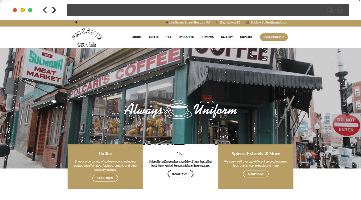 new website homepage screenshot for Polcari’s Coffee