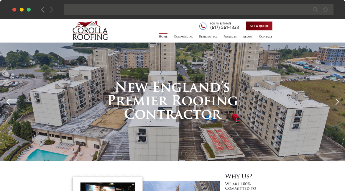 new website homepage screenshot for Corolla Roofing