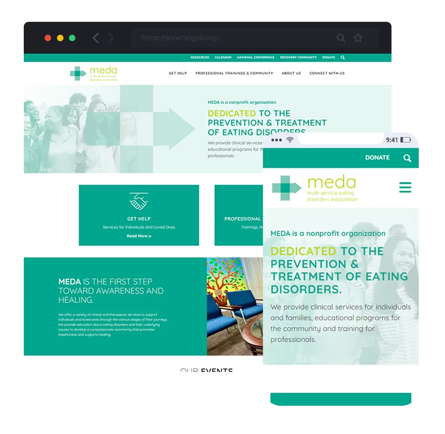 meda inc redesigned nonprofit website on desktop, tablet and mobile