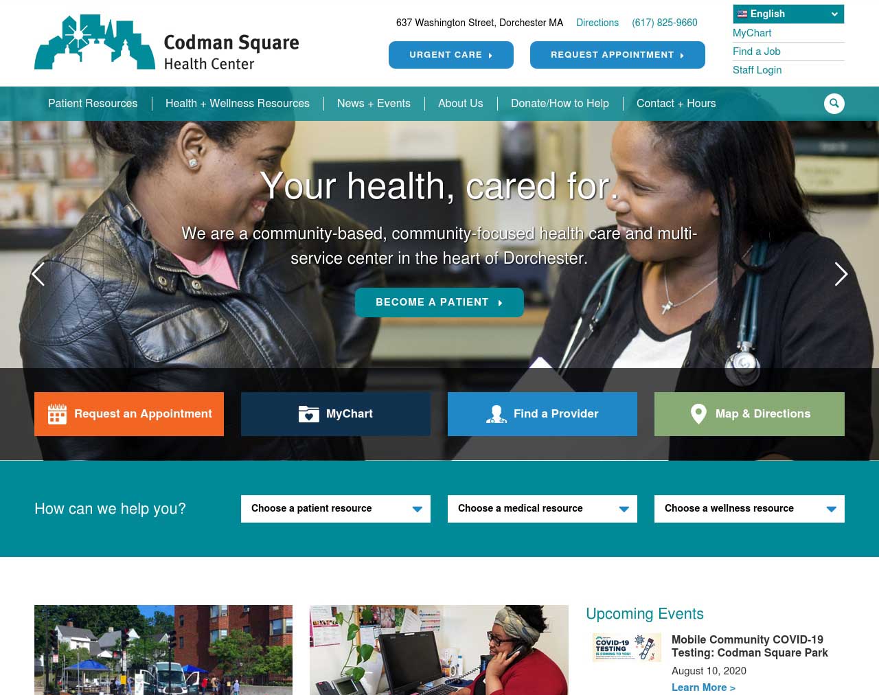 new website homepage screenshot for Codman Square Health Center