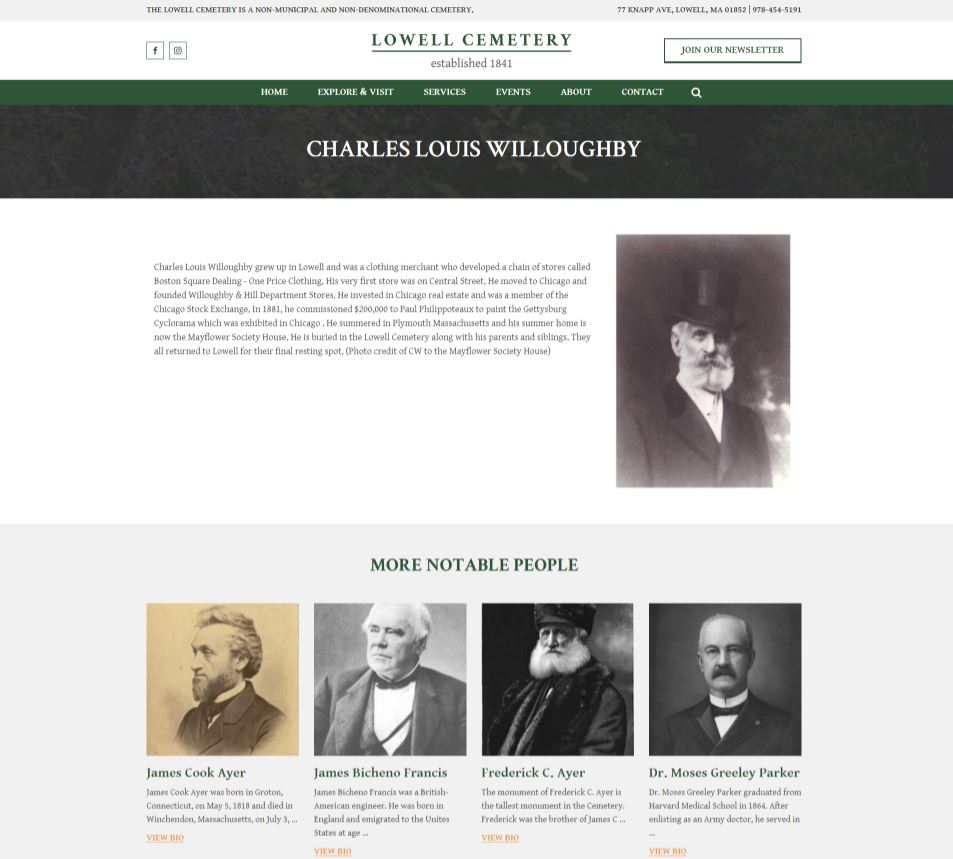 custom landing pages in our website design project for Lowell Cemetery