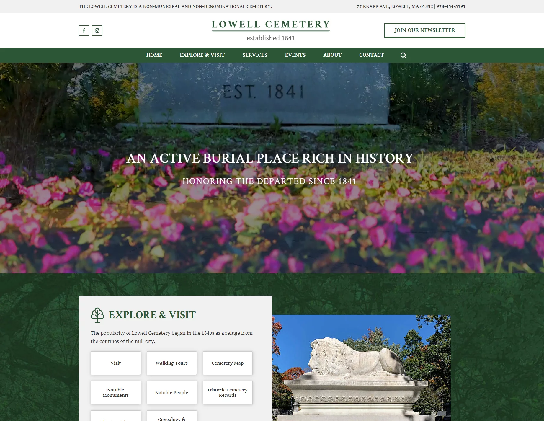 new website homepage screenshot for Lowell Cemetery