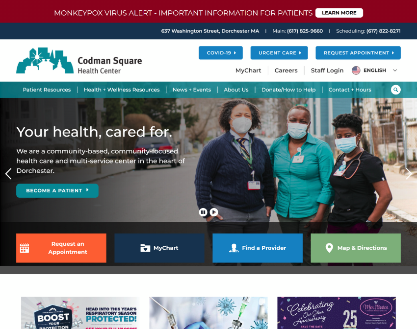 new website homepage screenshot for Codman Square Health Center
