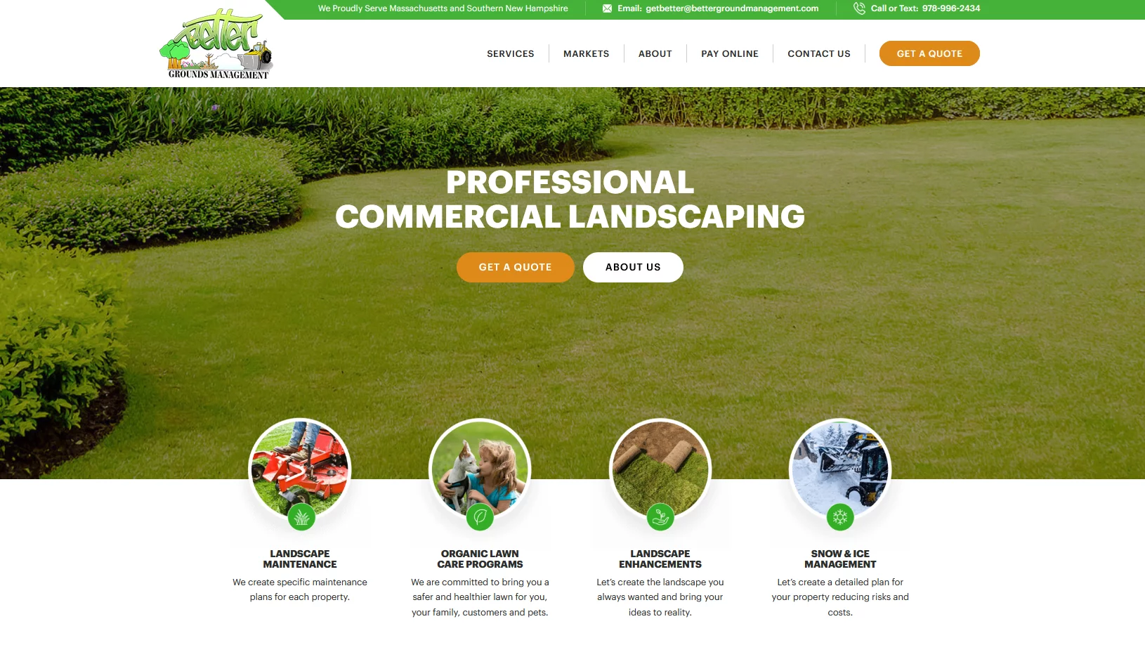 new website homepage screenshot for Better Grounds Management