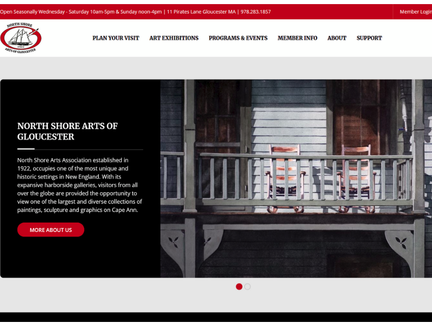 new website homepage screenshot for North Shore Arts of Gloucester
