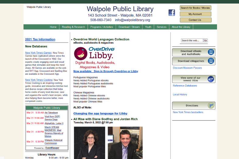 Walpole Public Library website before and after