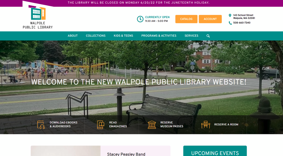 new website homepage screenshot for Walpole Public Library