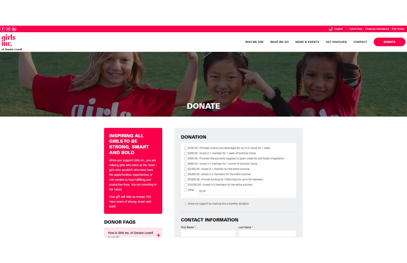 custom landing pages in our website design project for Girls Inc. of Greater Lowell