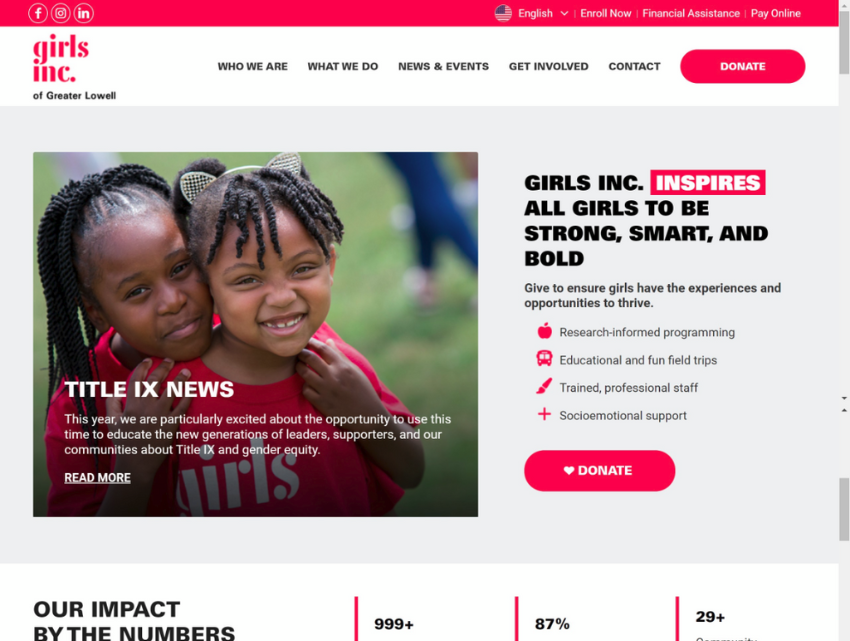 new website homepage screenshot for Girls Inc. of Greater Lowell