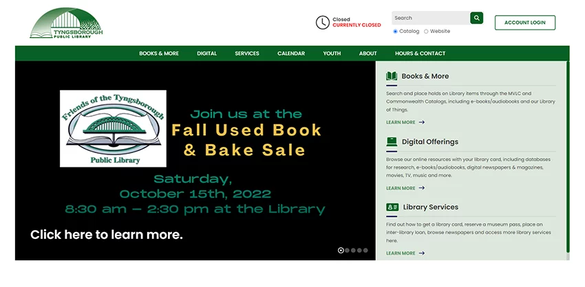 new website homepage screenshot for Tyngsborough Public Library