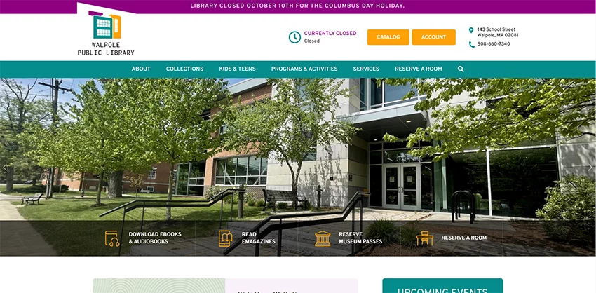 new website homepage screenshot for Walpole Public Library