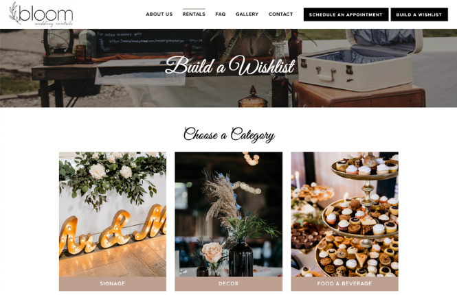 custom landing pages in our website design project for Bloom Wedding Rentals