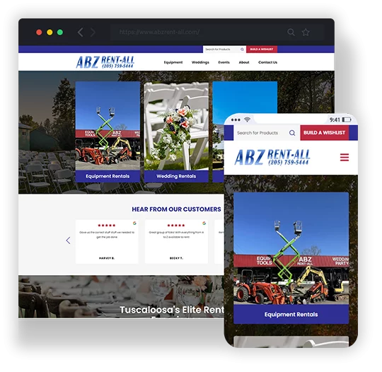 abz rent-all website on mobile and desktop