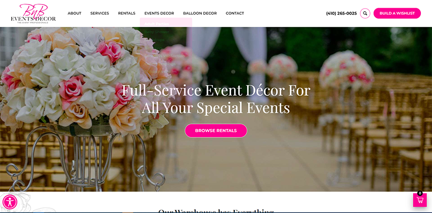 new website homepage screenshot for BnB Events Decor
