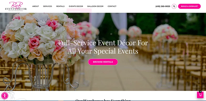 new website homepage screenshot for BnB Events Decor
