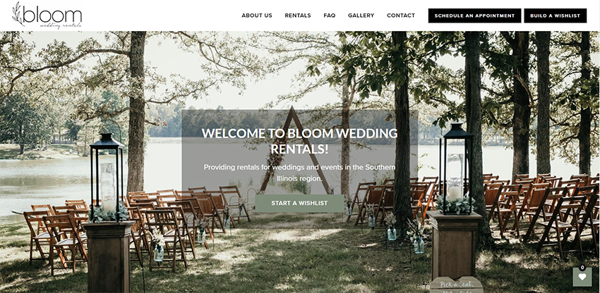 new website homepage screenshot for Bloom Wedding Rentals