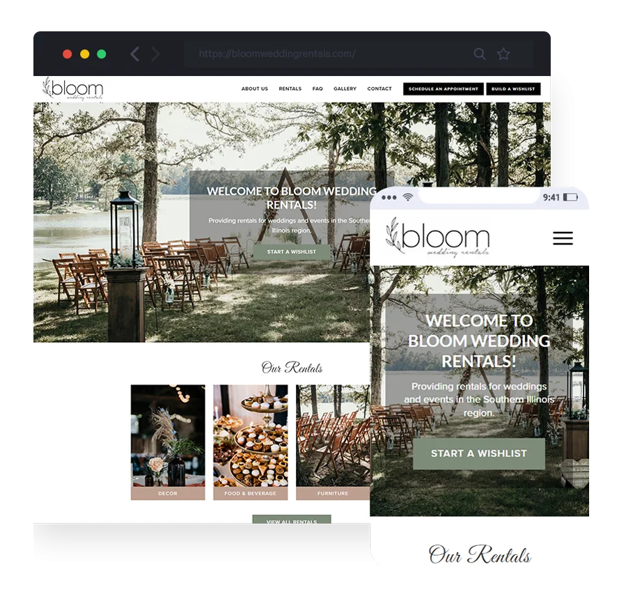 responsive website design for Bloom Wedding Rentals