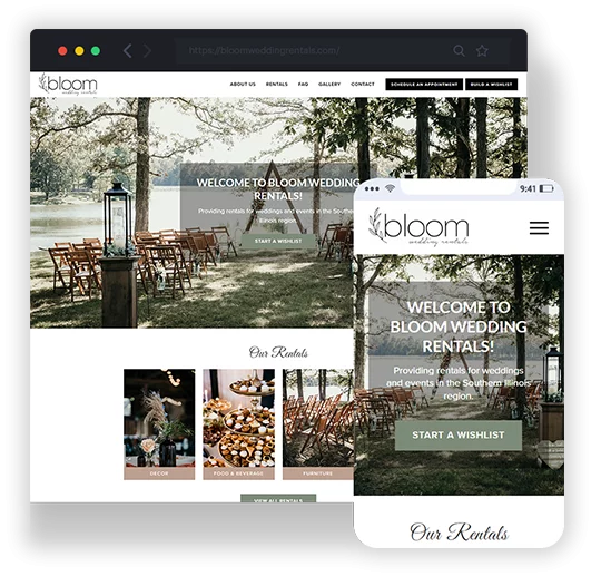 bloom wedding rentals website on desktop and mobile