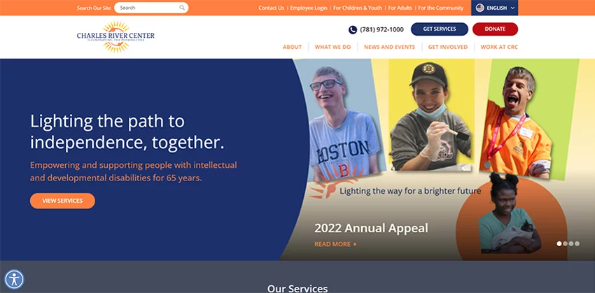 new website homepage screenshot for Charles River Center