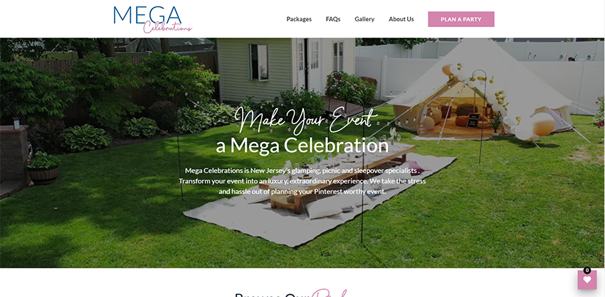 new website homepage screenshot for Mega Celebrations