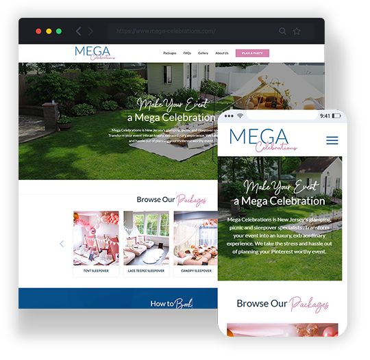 mega celebrations website on desktop and mobile