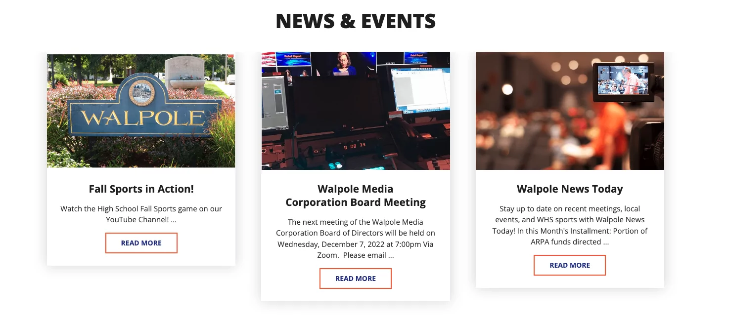 walpole media corporation website with featured community news and events