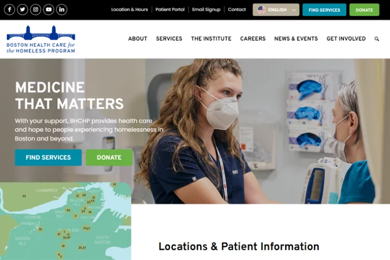 Boston Health Care for the Homeless Program website before and after