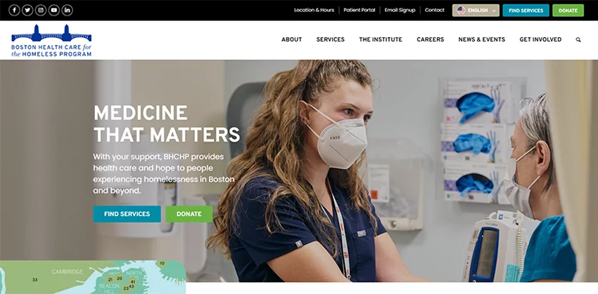 new website homepage screenshot for Boston Health Care for the Homeless Program