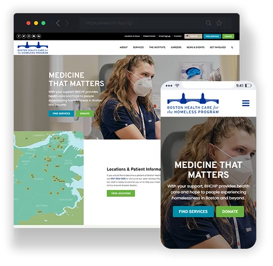 boston health care for the homeless program redesigned website on desktop, tablet, and mobile