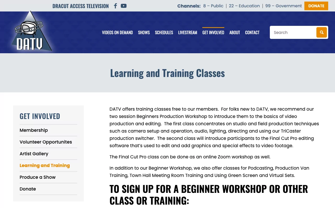 dracut access tv learning and training classes website page