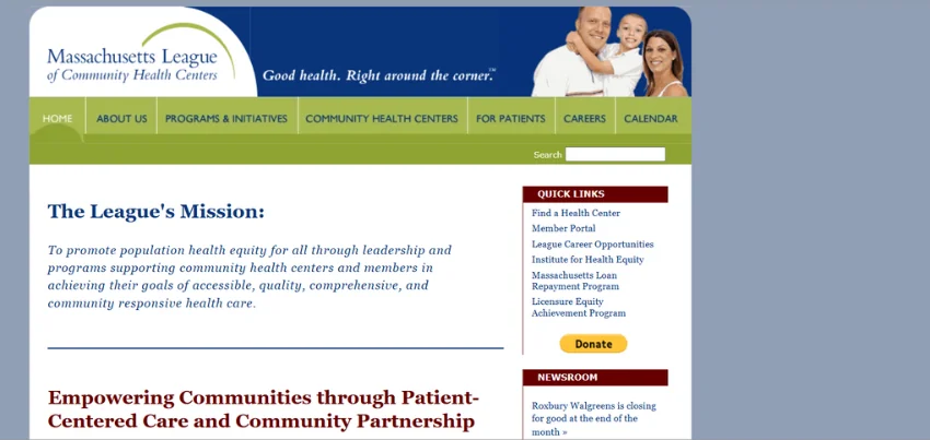Massachusetts League of Community Health Centers website before and after